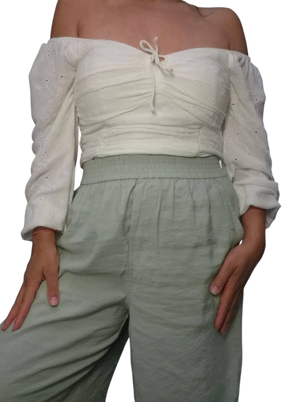 Hollister White Off-Shoulder Eyelet Tie Crop Top